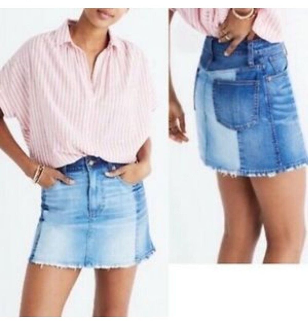 Madewell McCarren Color Block denim mini skirt Jean 24 raw hem